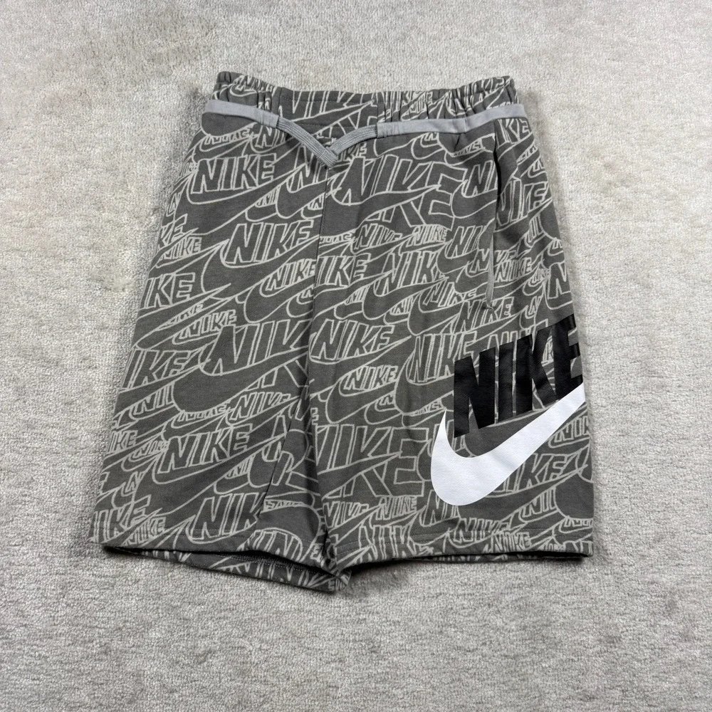 Nike Shorts Boys L Grey All Over Logo Print French Terry Sportswear Drawstring